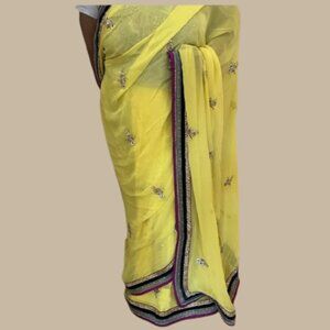Yellow Chiffon Saree Velvet Border Gold Embroidered Party Wear indian wedding
